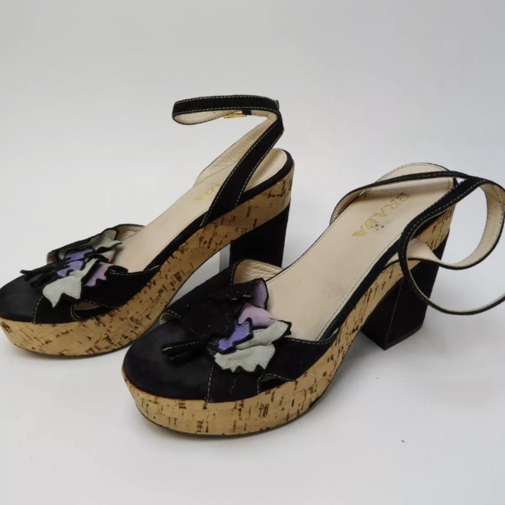 PRADA Suede Platform Cork Heel Floral Design
